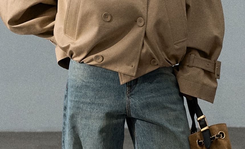 Stand Collar Plain Double-Breasted Trench Jacket