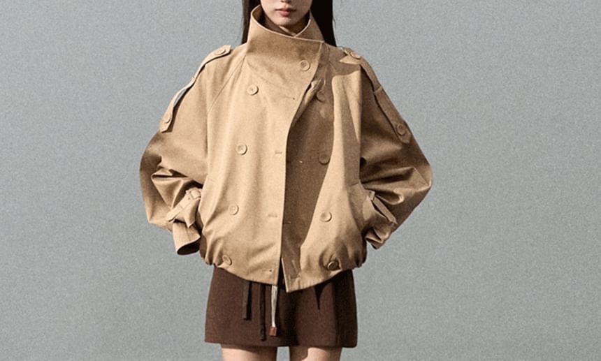 Stand Collar Plain Double-Breasted Trench Jacket