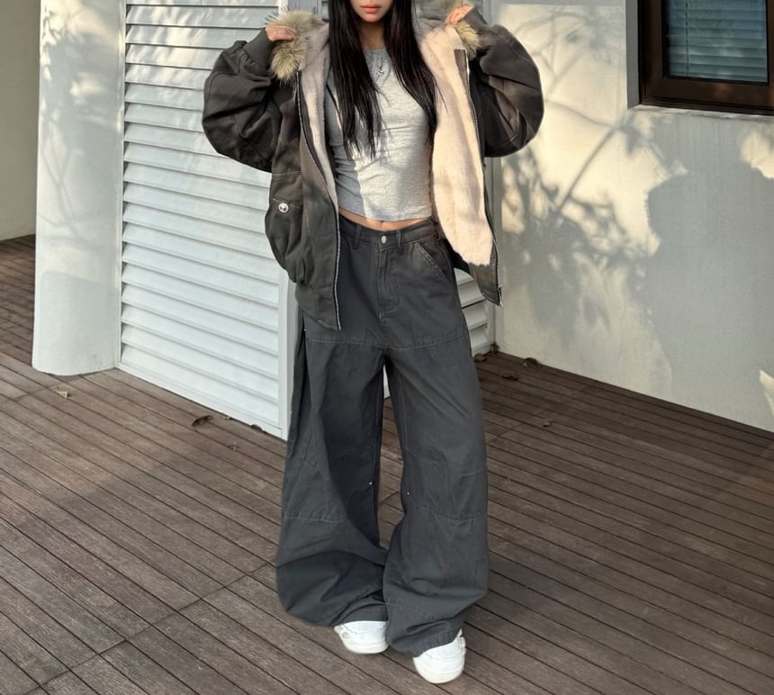 Contrast Stitching Fleece-Lined Fluffy Trim Hooded Zip Jacket