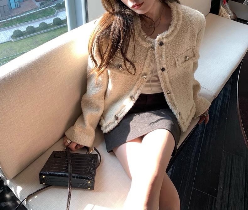 Round Neck Plain Fringed Button Jacket