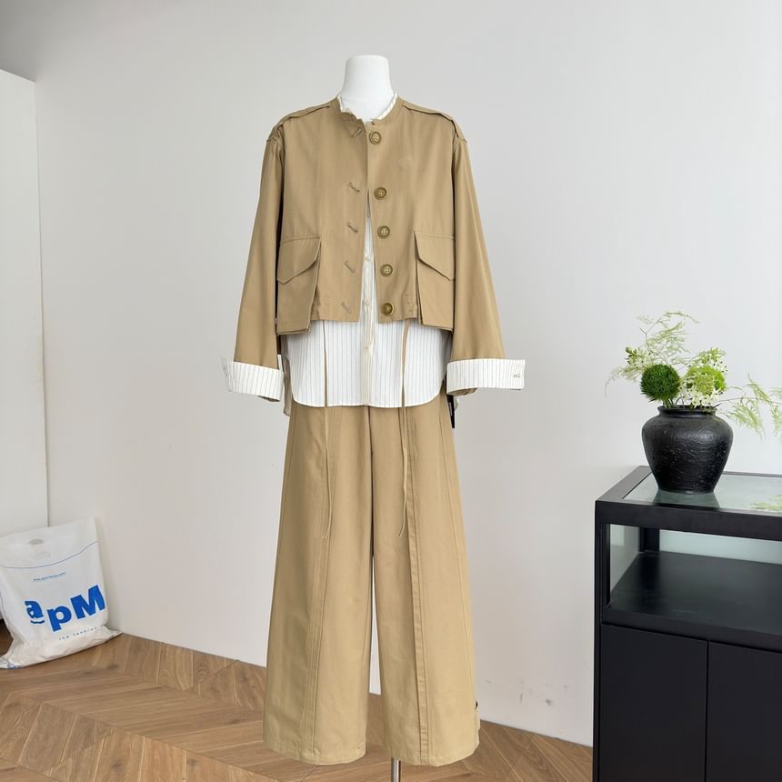Mock Two-Piece Striped Panel Button Jacket / High Rise Plain Wide Leg Pants