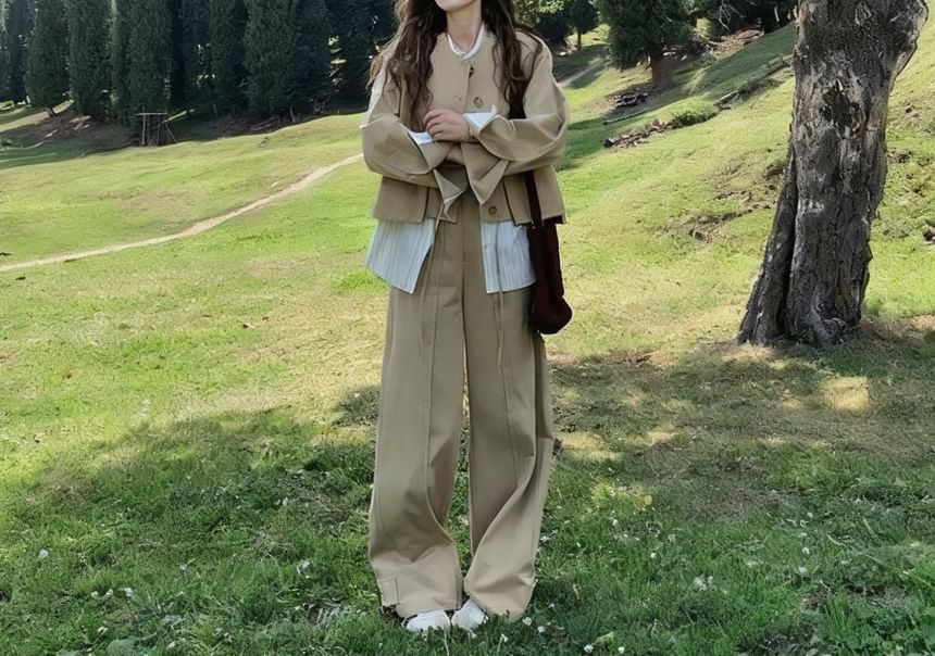 Mock Two-Piece Striped Panel Button Jacket / High Rise Plain Wide Leg Pants