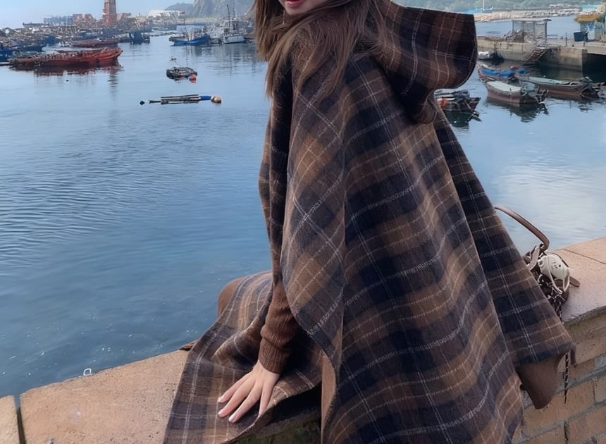 Plaid Reversible Hooded Poncho