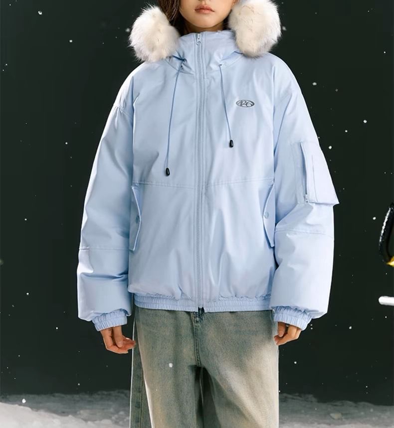 Stand Collar Drawstring Fluffy Trim Padded Zip Jacket