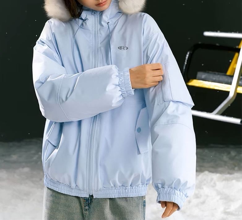 Stand Collar Drawstring Fluffy Trim Padded Zip Jacket