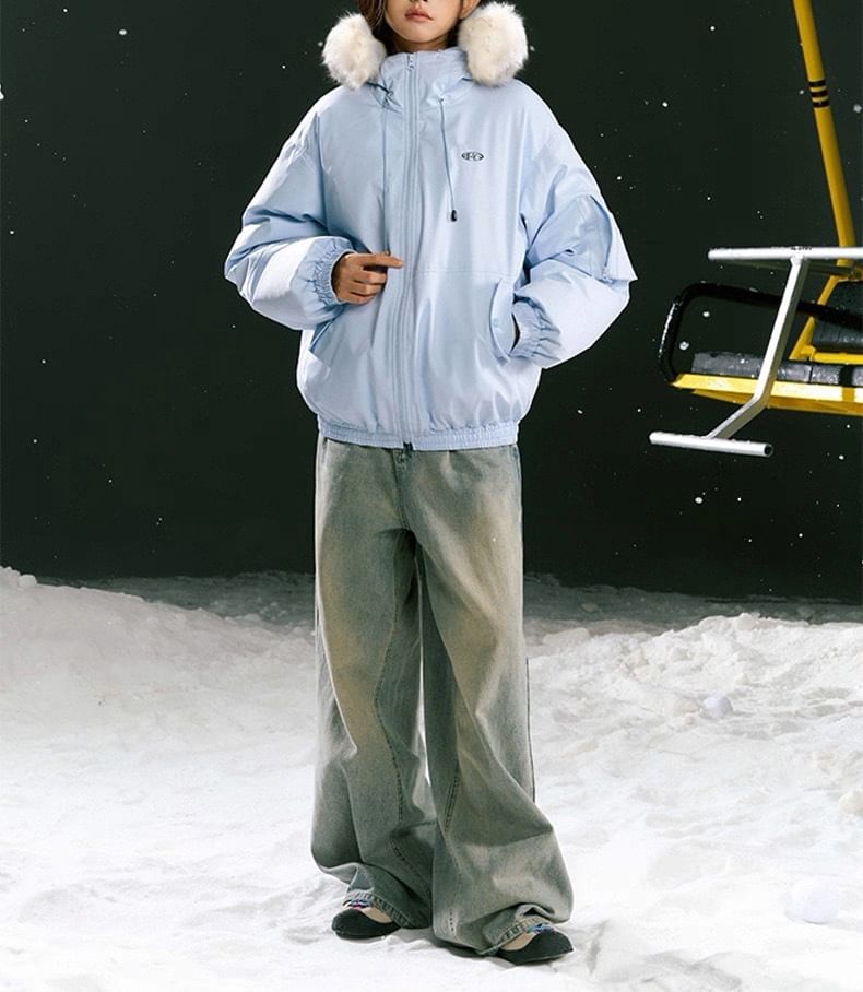 Stand Collar Drawstring Fluffy Trim Padded Zip Jacket