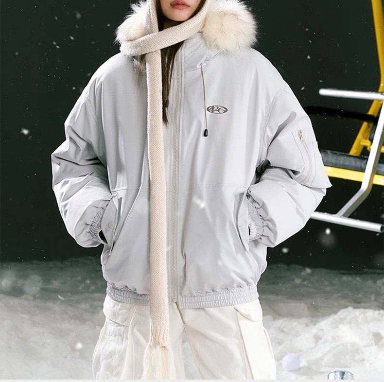 Stand Collar Drawstring Fluffy Trim Padded Zip Jacket