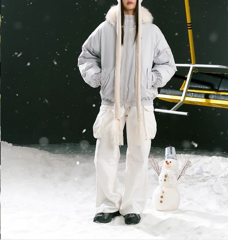 Stand Collar Drawstring Fluffy Trim Padded Zip Jacket