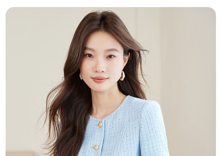 Crew Neck Single-Breasted Plain Tweed Blazer