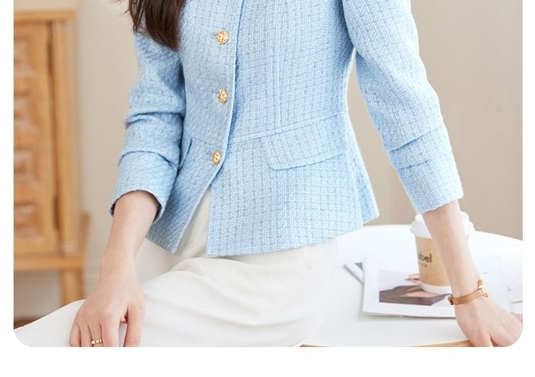 Crew Neck Single-Breasted Plain Tweed Blazer