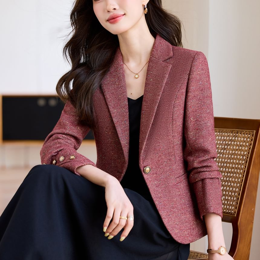 Notch Lapel One-Buttoned Tweed Blazer