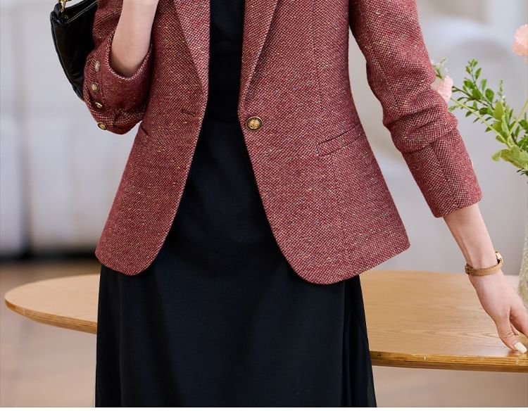Notch Lapel One-Buttoned Tweed Blazer