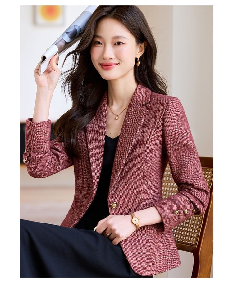 Notch Lapel One-Buttoned Tweed Blazer