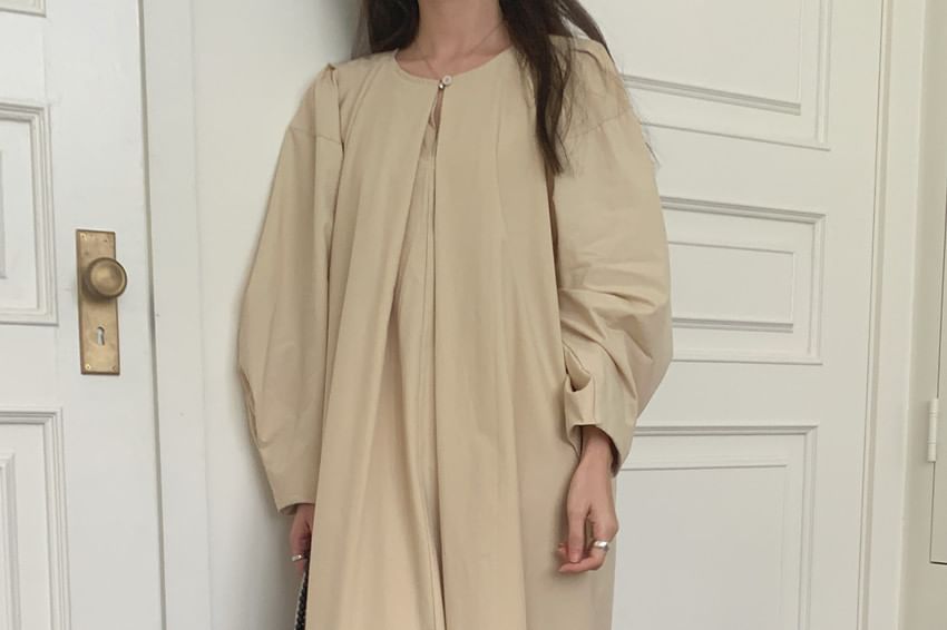 Long-Sleeve Crewneck Plain Maxi A-Line Dress