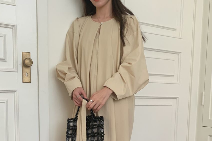 Long-Sleeve Crewneck Plain Maxi A-Line Dress
