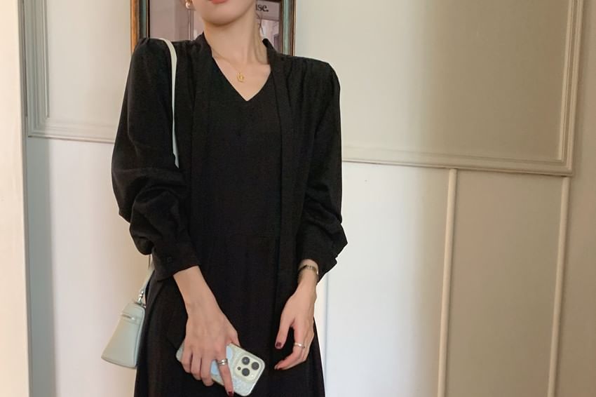 Long-Sleeve V-Neck Plain Maxi A-Line Dress