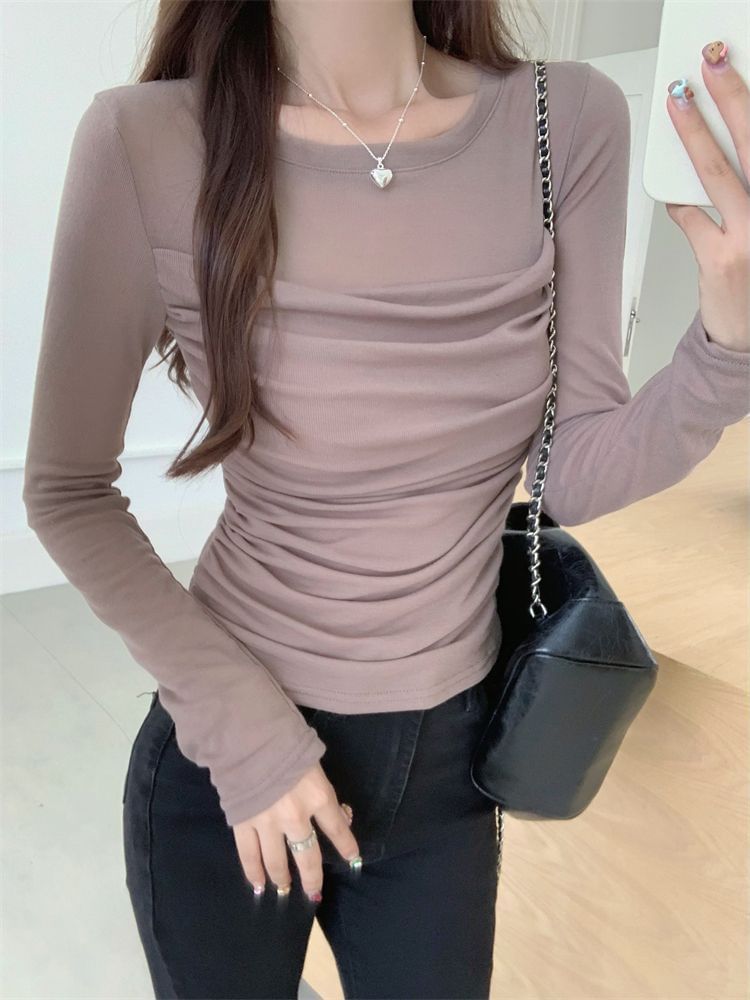 Mesh Panel Ruched Crew Neck Tee, Long Sleeves, Solid Color, Slim Fit