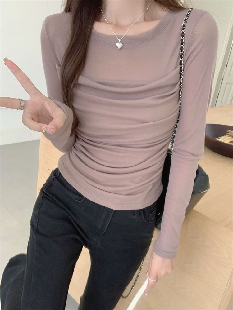 Mesh Panel Ruched Crew Neck Tee, Long Sleeves, Solid Color, Slim Fit