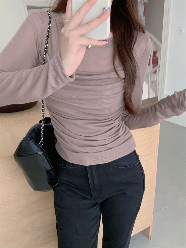 Mesh Panel Ruched Crew Neck Tee, Long Sleeves, Solid Color, Slim Fit