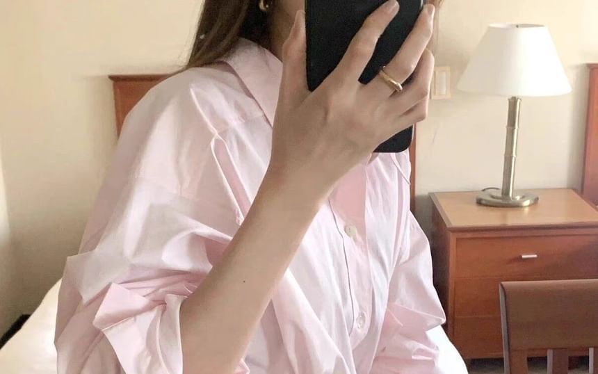 Button-Up Shirt with Long Sleeves, Solid Color, Classic Collared Design