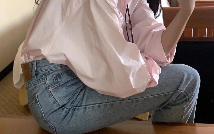 Button-Up Shirt with Long Sleeves, Solid Color, Classic Collared Design
