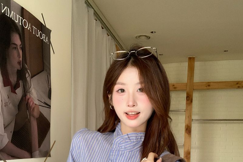 Stand Collar Striped Blouse with Frill Trim, Button-Up, Long Sleeves