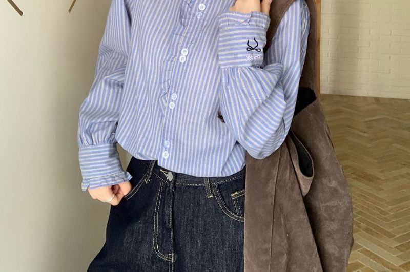 Stand Collar Striped Blouse with Frill Trim, Button-Up, Long Sleeves