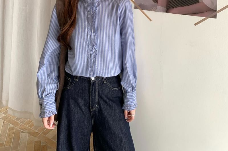 Stand Collar Striped Blouse with Frill Trim, Button-Up, Long Sleeves