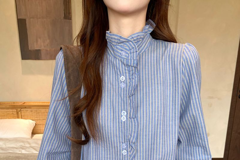 Stand Collar Striped Blouse with Frill Trim, Button-Up, Long Sleeves