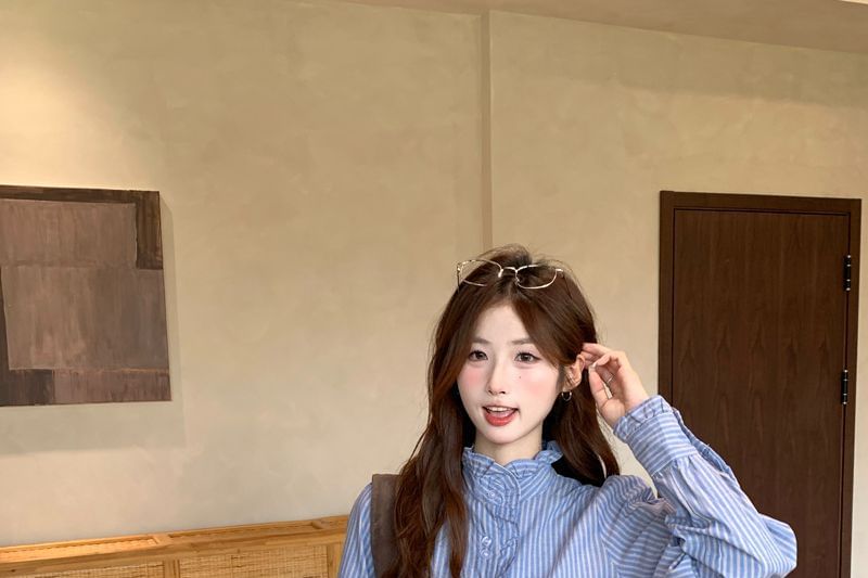 Stand Collar Striped Blouse with Frill Trim, Button-Up, Long Sleeves