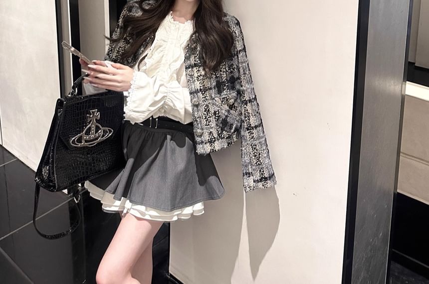 Plaid Tweed Jacket / Mini A-Line Skirt / Long-Sleeve Plain Blouse