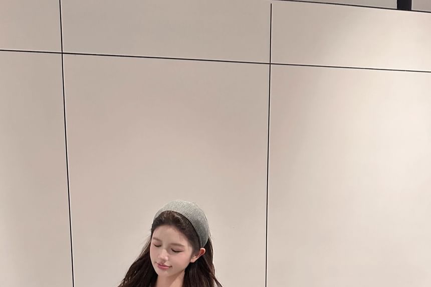 Plaid Tweed Jacket / Mini A-Line Skirt / Long-Sleeve Plain Blouse