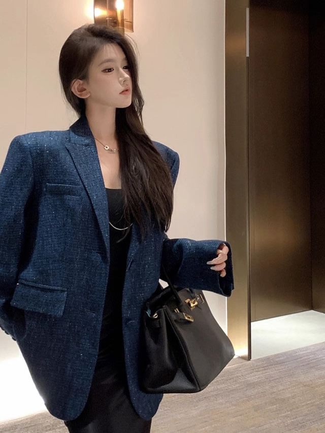 Notch Lapel Tweed Single-Breasted Blazer