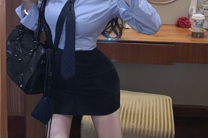 Collared Long Sleeve Solid Neck Tie Shirt & High Waist Solid Mini Pencil Skirt