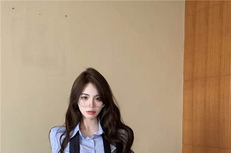 Collared Long Sleeve Solid Neck Tie Shirt & High Waist Solid Mini Pencil Skirt