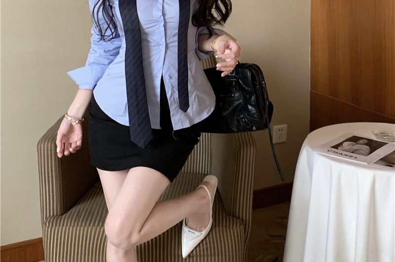 Collared Long Sleeve Solid Neck Tie Shirt & High Waist Solid Mini Pencil Skirt