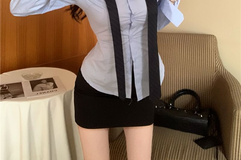 Collared Long Sleeve Solid Neck Tie Shirt & High Waist Solid Mini Pencil Skirt