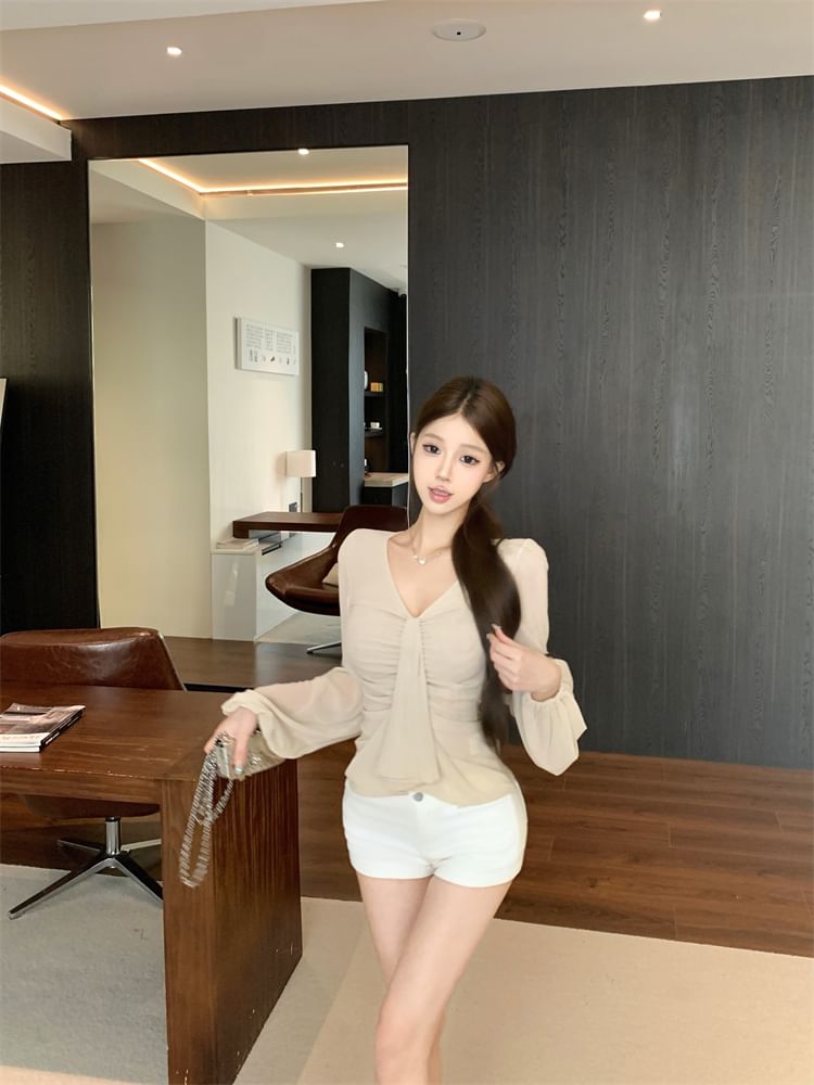 V-Neck Long Sleeve Solid Ruched Blouse