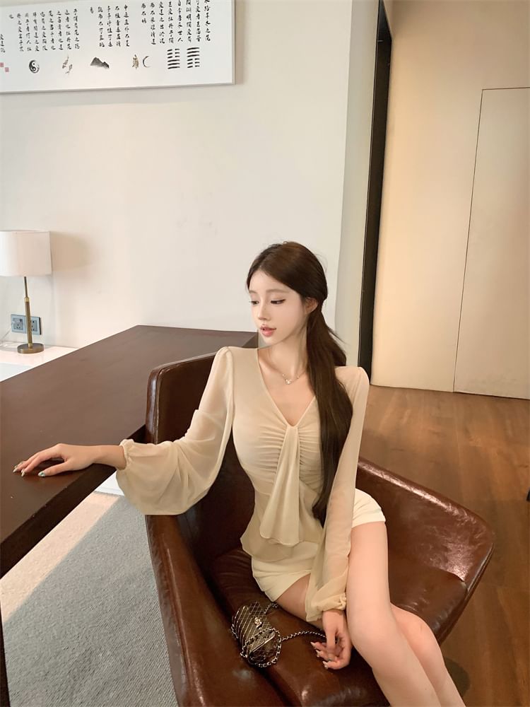 V-Neck Long Sleeve Solid Ruched Blouse