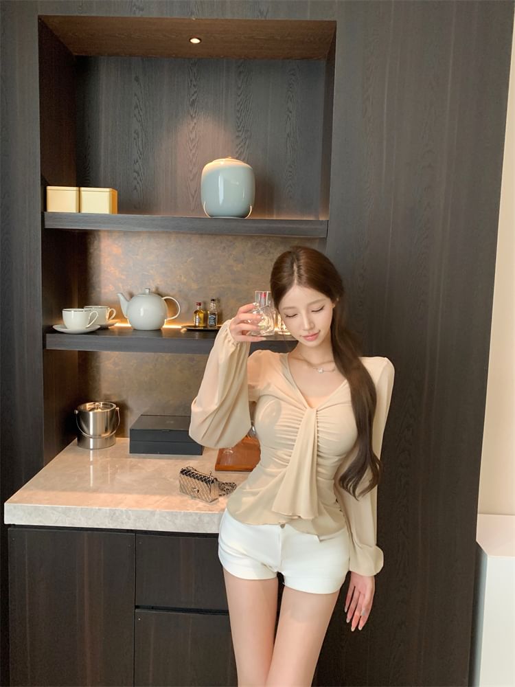 V-Neck Long Sleeve Solid Ruched Blouse