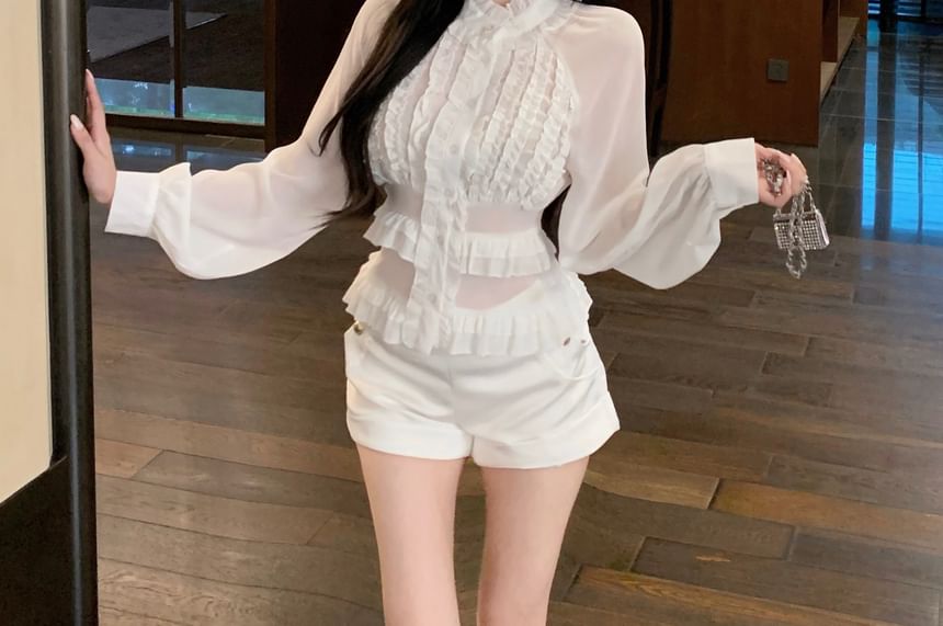Stand Collar Long Sleeve Solid Ruffle Trim Blouse & High Waist Solid Shorts