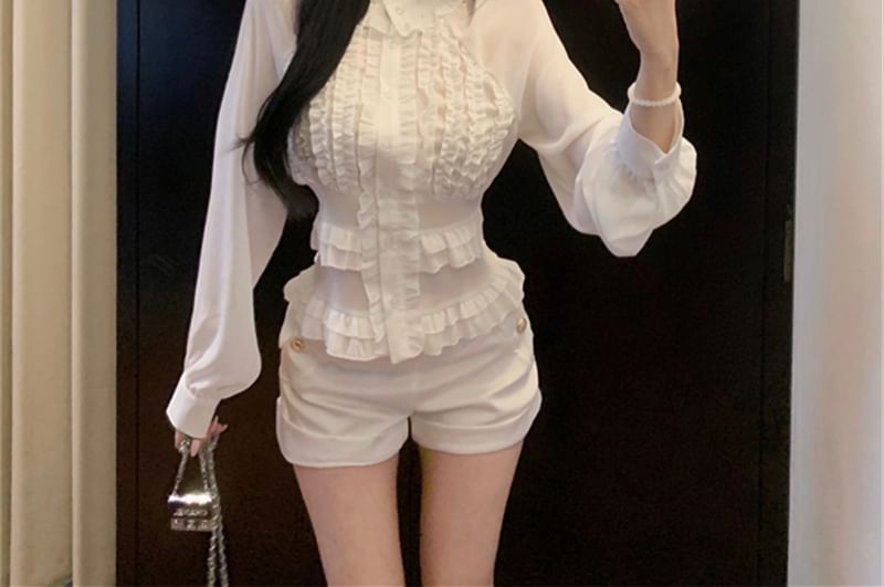 Stand Collar Long Sleeve Solid Ruffle Trim Blouse & High Waist Solid Shorts