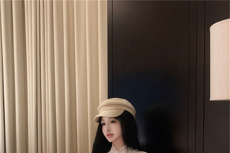 Stand Collar Long Sleeve Solid Ruffle Trim Blouse & High Waist Solid Shorts