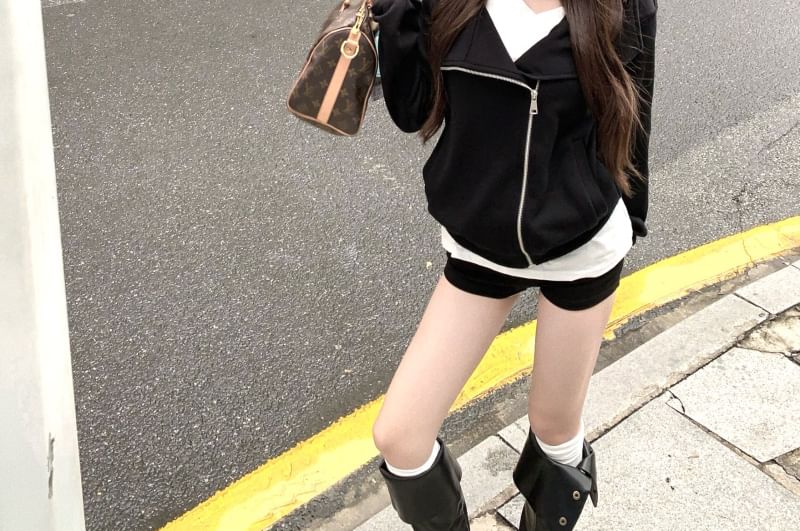 Solid Asymmetric Zip-Up Hooded Sweatshirt