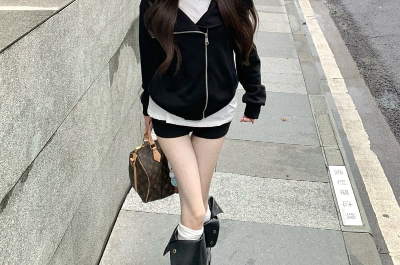 Solid Asymmetric Zip-Up Hooded Sweatshirt
