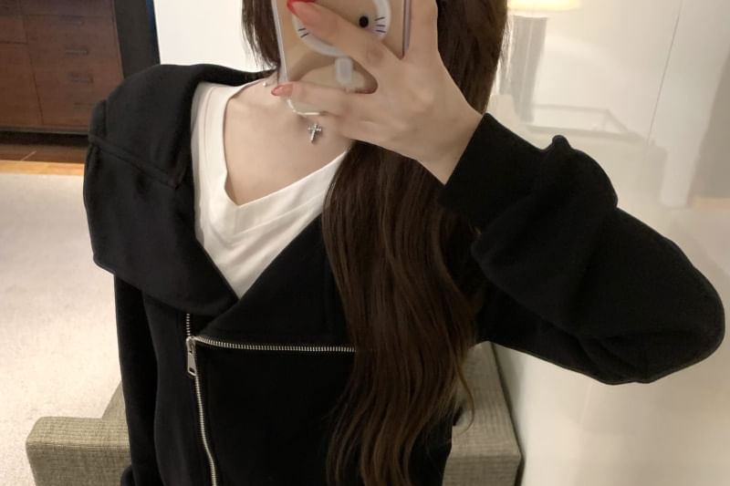 Solid Asymmetric Zip-Up Hooded Sweatshirt