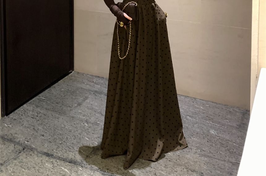 Long Sleeve V-Neck Solid Top & High Rise Dotted Maxi A-Line Skirt