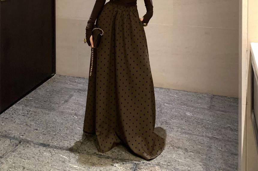 Long Sleeve V-Neck Solid Top & High Rise Dotted Maxi A-Line Skirt