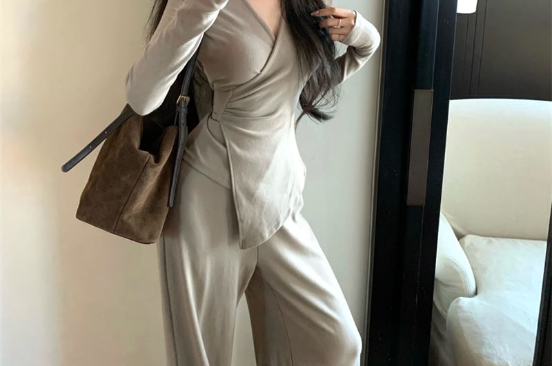 Set: V-Neck Long Sleeve Solid Asymmetric Tee & High Rise Solid Wide Leg Pants