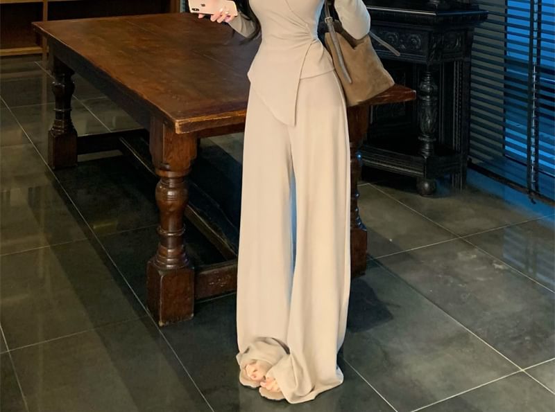 Set: V-Neck Long Sleeve Solid Asymmetric Tee & High Rise Solid Wide Leg Pants